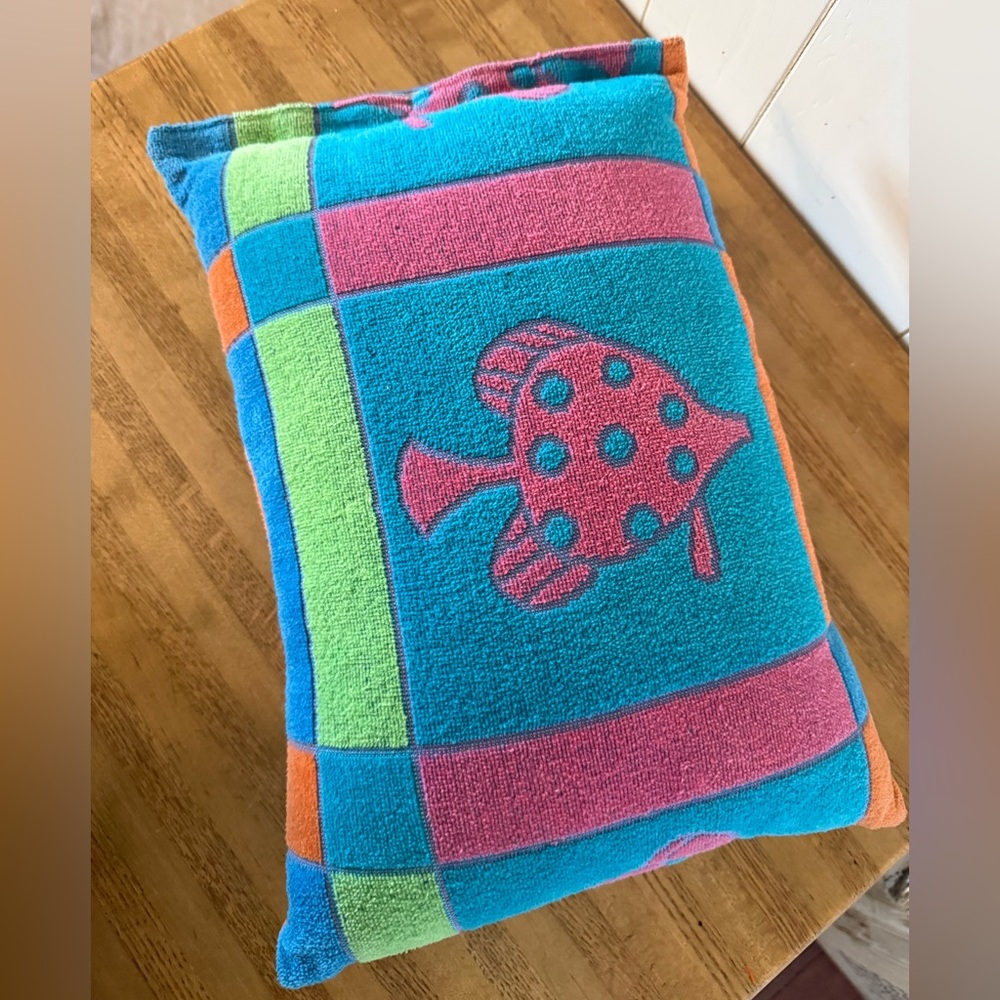 Turquoise Fish Motif Vintage Beach Towel Pillow